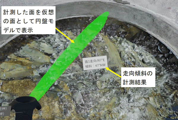 図1 T-KIRIHA VRの走向傾斜を計測する機能で岩盤の亀裂面を計測している様子