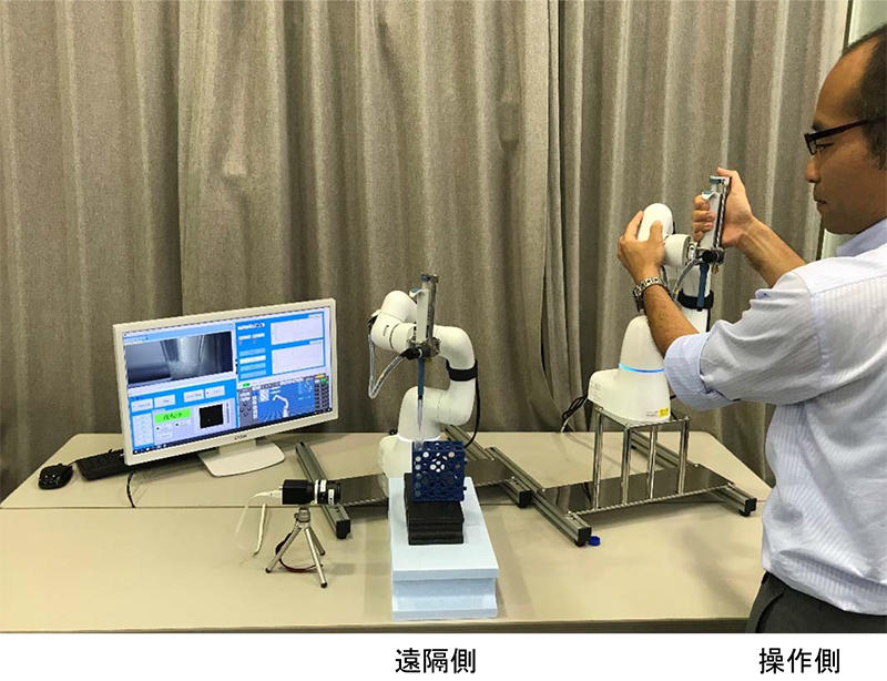 写真1 人協働ロボットによるピペット遠隔操作状況