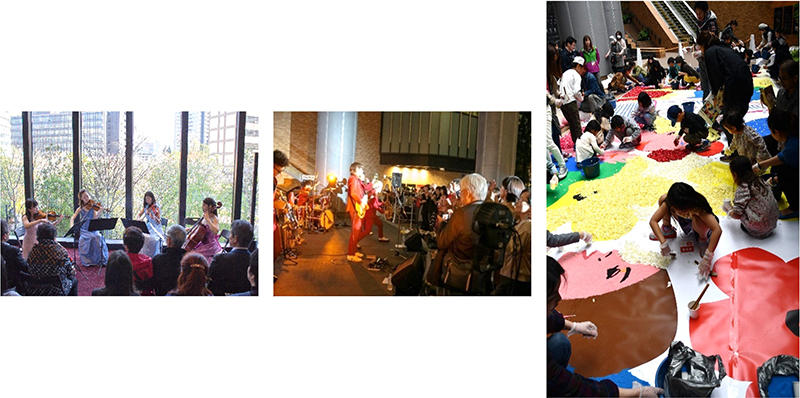 イベント例(左より、春のコンサート・フード&ミュージックフェス・花絵イベント「東京インフィオラータ」)