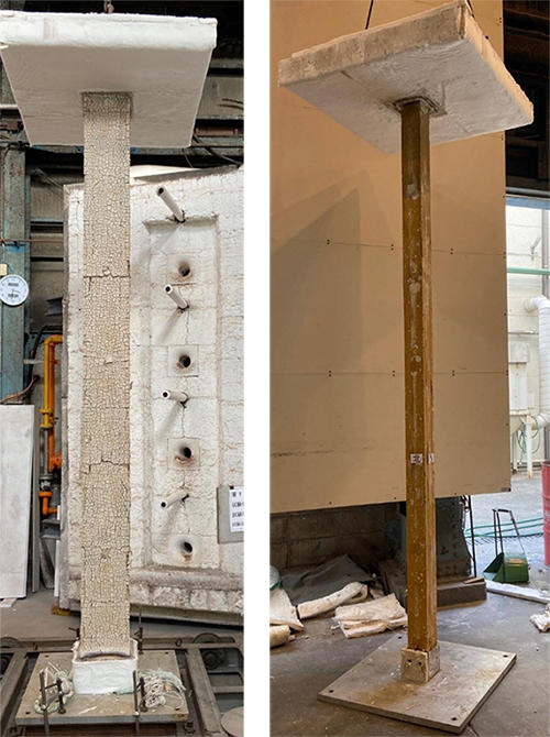 写真3 耐火試験後の柱部材状況(左：外観、右：荷重支持部が炭化していないことを確認)