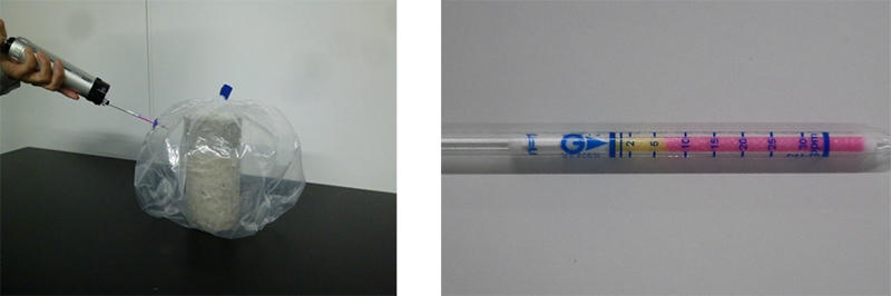 写真1　材料の簡易計測状況（左）、使用する検知管（右）