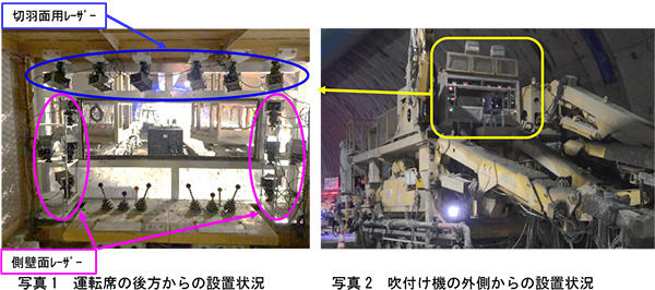  写真1　運転席の後方からの設置状況　写真2　吹付け機の外側からの設置状況