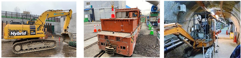 写真2 本システムを搭載した実証機の一例(左:油圧ショベル、中:蓄電池機関車、右:電動油圧ショベル)