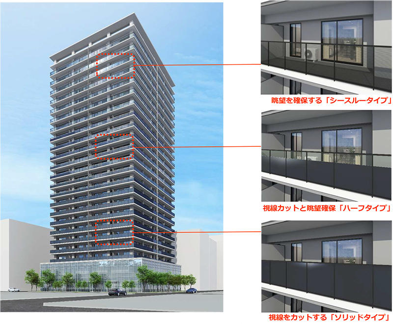 図1 超高層マンションのバルコニーで発電するガラス手摺「T-Green Multi Solar」導入イメージ