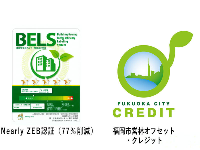 Nearly ZEB認証(77%削減)/ 福岡市森林吸収クレジット