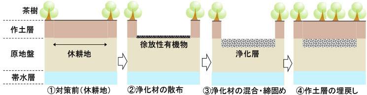 茶畑の休耕地における水平浄化壁の設置手順